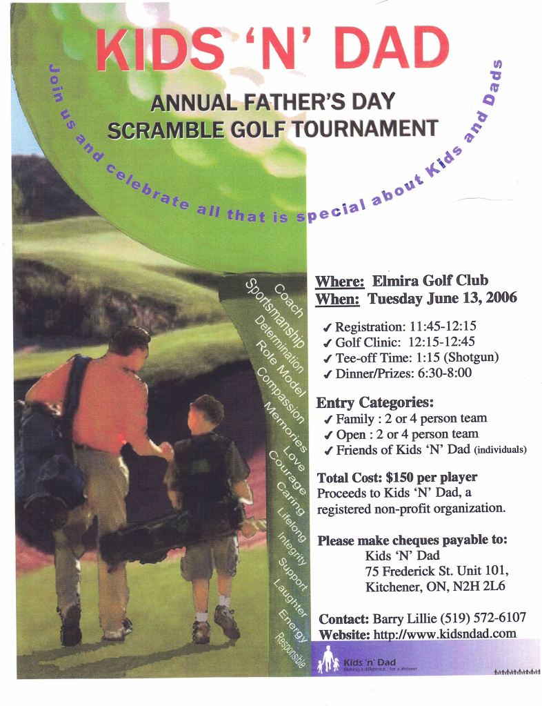 Poster for Kids 'n' Dads golf scramble tournament