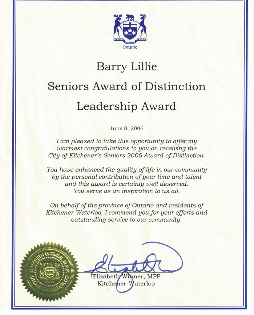 City of Kitchener Senior of Distinctionaward present to Barry Lillie