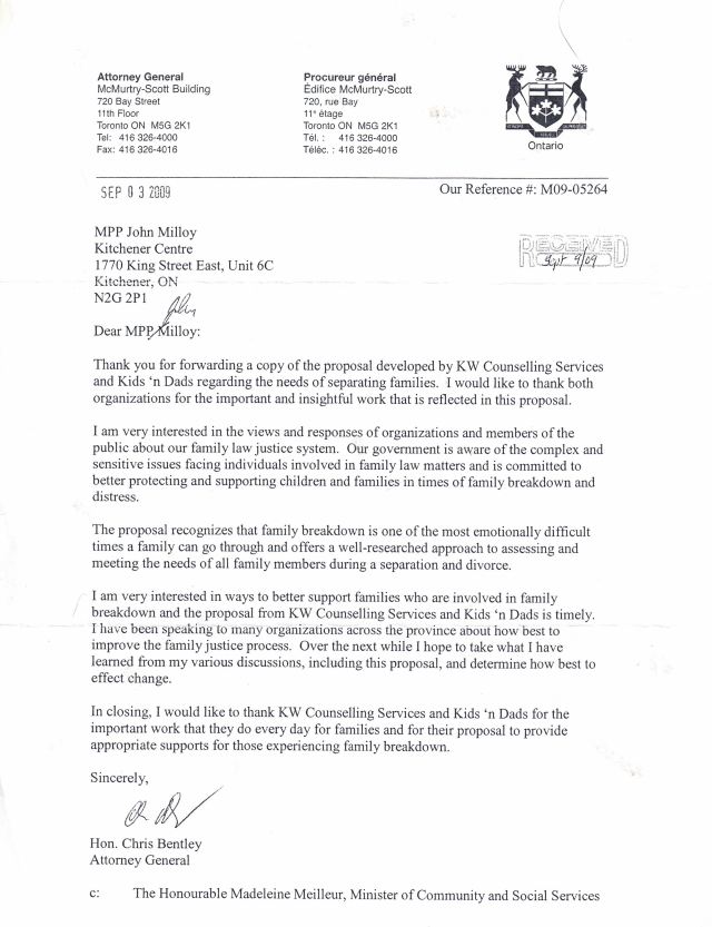 A letter from Ontario Attorney General acknowledging work of local organizations