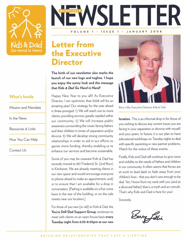 The cover of Kids 'n' Dad's first newsletter